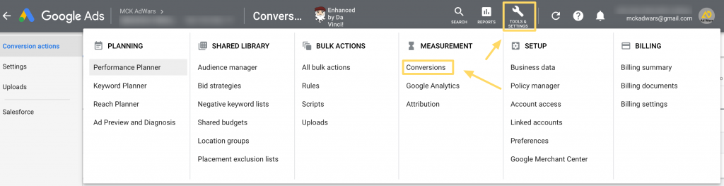 Changing attribution model in Google Ads step 1